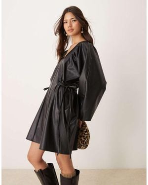 ASOS Leather Look Side Tie Volume Smock Dress - Black