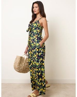 Blue Vanilla Lemon Print Front Tie Jumpsuit - Green