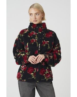 Brave Soul Sherpa Fleece Floral Print Zip Sweatshirt - Black