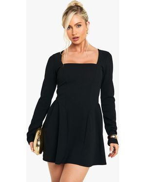 Boohoo Long Sleeve Square Neck Full Skirt Mini Dress - Black