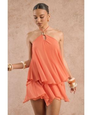 Boohoo Halterneck Tiered Mini Dress - Orange