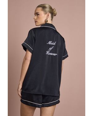 Boohoo Bridal 'Maid Of Honor' Satin Embroidered Short Sleeve Shirt & Shorts Pyjama Set - Black