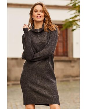 Sosandar Charcoal Half Zip Knitted Dress Nylon - Grey