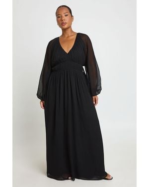Boohoo Plus Chiffon Ruched Blouson Sleeve Maxi Dress - Black