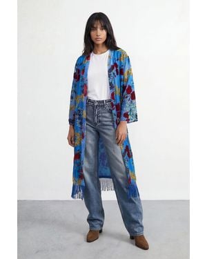 Warehouse Petite Premium Burnout Fringe Hem Midi Kimono - Blue