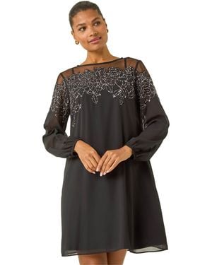 Roman Illusion Mesh Neck Sequin Dress - Black