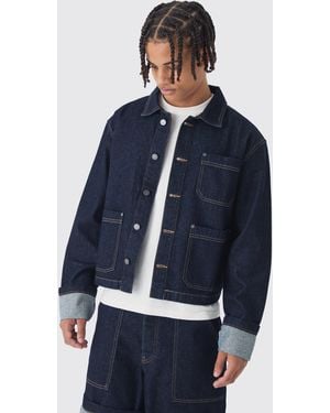 BoohooMAN Boxy Fit Turn Up Denim Jacket - Blue