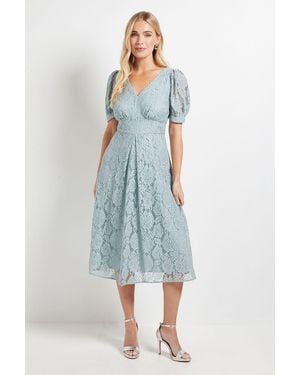 Wallis Petite Lace V Neck Tea Midi Dress - Blue