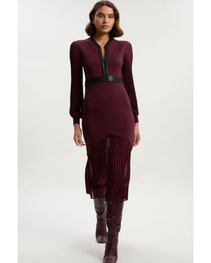 Karen Millen Woven Sleeved Pleated Dress With Pu - Red