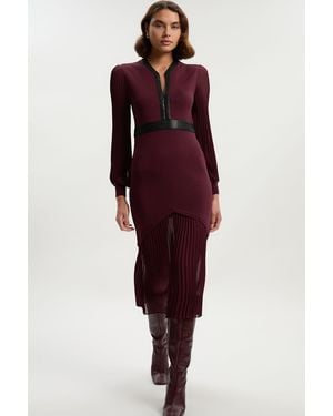 Karen Millen Woven Sleeved Pleated Dress With Pu - Red
