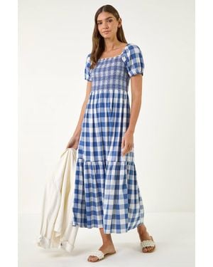 Roman Check Print Shirred Midi Dress - Blue