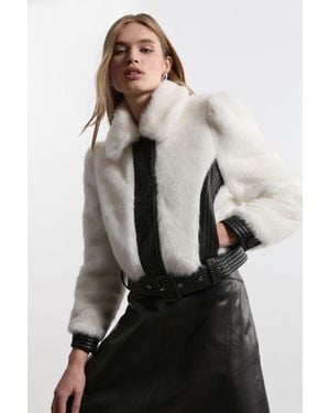 Karen Millen Faux Fur Pu Panelled Belted Cropped Jacket - Grey