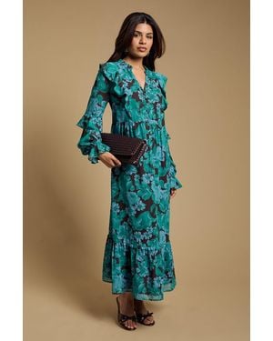 Oasis Petite Long Sleeve Ruffle Chiffon Tiered Maxi Dress - Blue