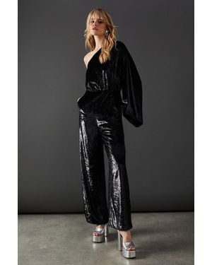 Warehouse Metallic Texture One Shoulder Flared Sleeve Jumpsuit - Black