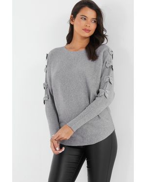 Quiz Knit Diamante Bow Sleeve Jumper Viscose - Grey