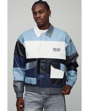 BoohooMAN Oversized Fit Colour Block Pu Bomber Jacket - Blue