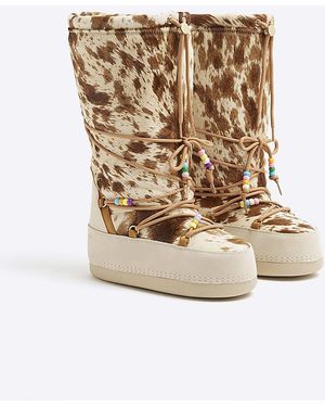 River Island Ski Boots Leather High Leg Cow Print Pu - Natural