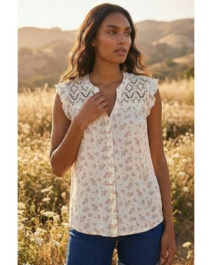 Roman Floral Print Lace Yoke Blouse - White