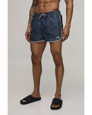 BoohooMAN Snake Print Embroidered Piped Super Short Swim - Blue