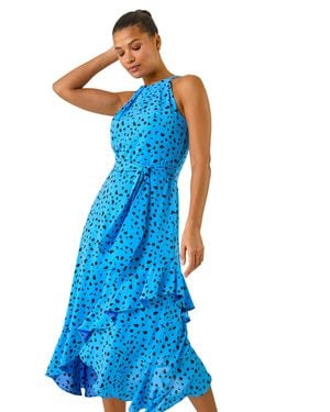 Roman Spot Print Frill Hem Halter Dress - Blue