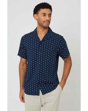 Brave Soul Revere Collar Polka Dot Short Sleeve Shirt - Blue