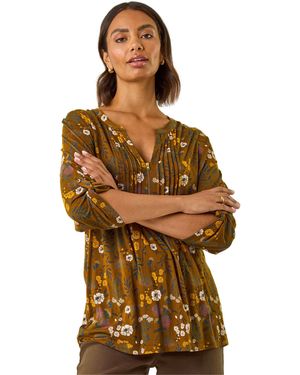 Roman Textured Floral Pintuck Tunic Top - Yellow