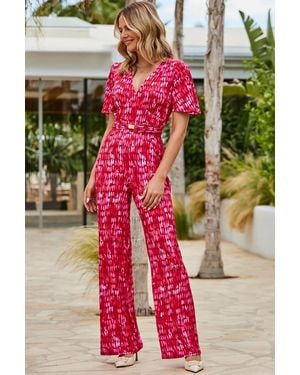 Sosandar Angel Sleeve Belt Detail Wide Leg Jumpsuit - Pink