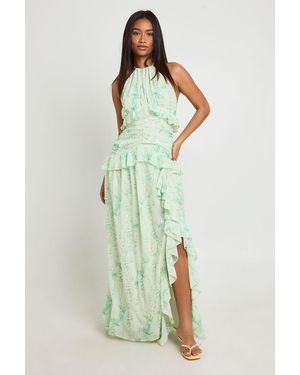 Boohoo Floral Halterneck Chiffon Ruffle Detail Maxi Dress - Green