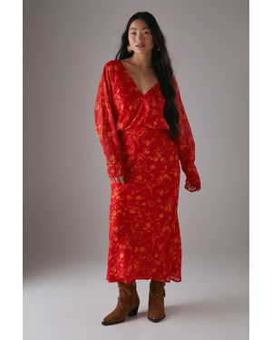 Warehouse Petite Shadow Stripe Batwing Plunge Neck Midi Dress - Red