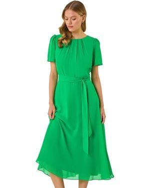 Roman Pleat Chiffon Belted Midi Dress - Green