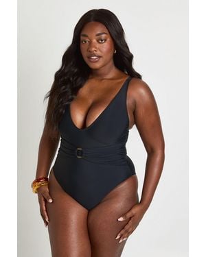 Boohoo Plus Tummy Control O-Ring Plunge Swimsuit - Blue
