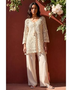 Roman Crochet Tie Front Knit Tunic - White