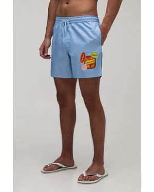 BoohooMAN Sticker Print Mid Length Swim Short - Blue