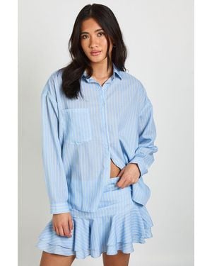Boohoo Ruched Ruffle Hem Stripe Mini Skirt - Blue