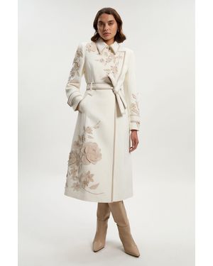 Karen Millen Brushed Wool Pu Mix Placed Floral Embroidery Applique Tailored Midi Coat - Natural