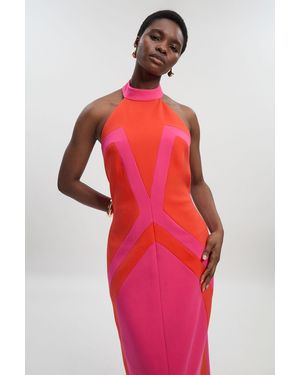 Karen Millen Compact Stretch Colour Block Tailored Halter Neck Midi Dress