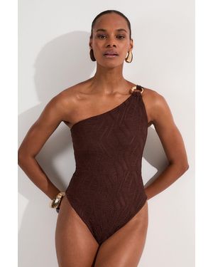 Karen Millen Textured One Shoulder Cut Out Swimsuit - Brown