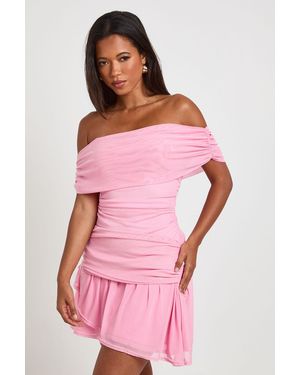 Boohoo Mesh Bardot Ruched Body Skater Dress - Pink