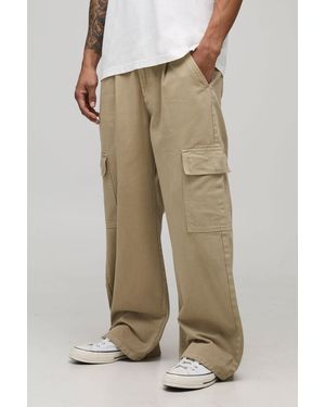 BoohooMAN Wide Fit Half & Waistband Cargo Pocket Washed Twill Trouser - Natural