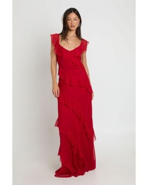 Boohoo Tall Chiffon Ruffle Floor Sweeping Maxi Dress - Red