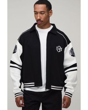 BoohooMAN Boxy Fit Collared Colour Block Varsity Jersey Jacket - Black