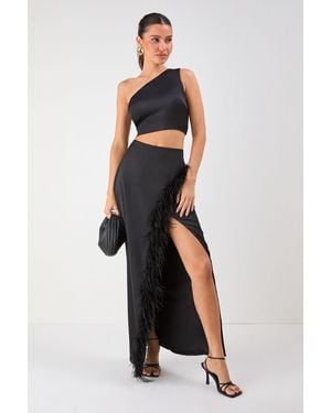 MissPap One Shoulder Top & Faux Feather Skirt Co-Ord - Black