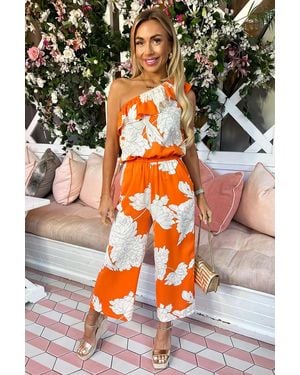 AX Paris Blood Floral Print One Shoulder Jumpsuit - Orange