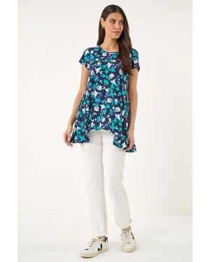 Roman Floral Puff Print Hanky Hem Tunic Top - Blue