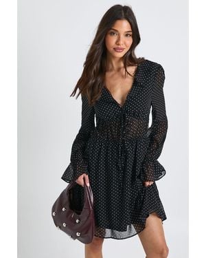 Boohoo Long Sleeve Ruched Mini Dress With Frill Detail - Black