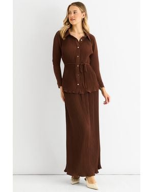 Gini London Plisse Elasticated Waist Maxi Skirt - Brown