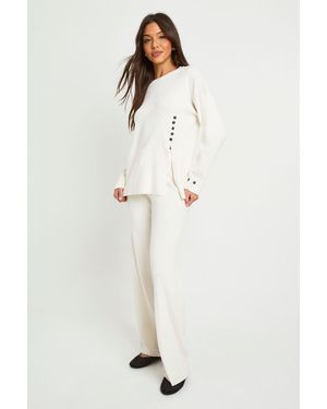 Boohoo Chunky Rib Button Hem Detail Crew Neck Jumper And Straight Leg Trouser Co-Ord - Natural