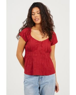 Brave Soul Woven Short Sleeve Button Down V-Neck Top - Red