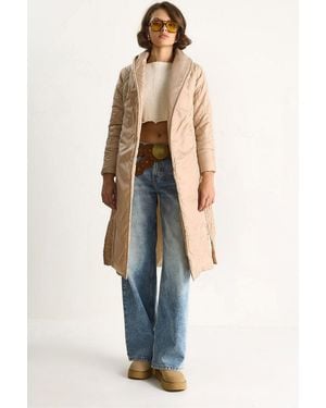 Bianco Lucci Textured Shawl Collar Midi Puffer Jacket With Tie Closure - Blue