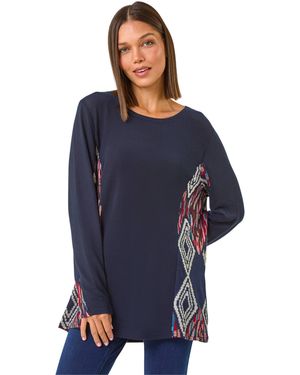 Roman Side Printed Stretch Tunic Top - Blue